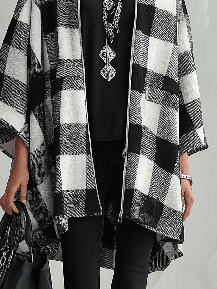 Women's Buffalo Check Poncho Cape Open Front Oversized Wrap Coat