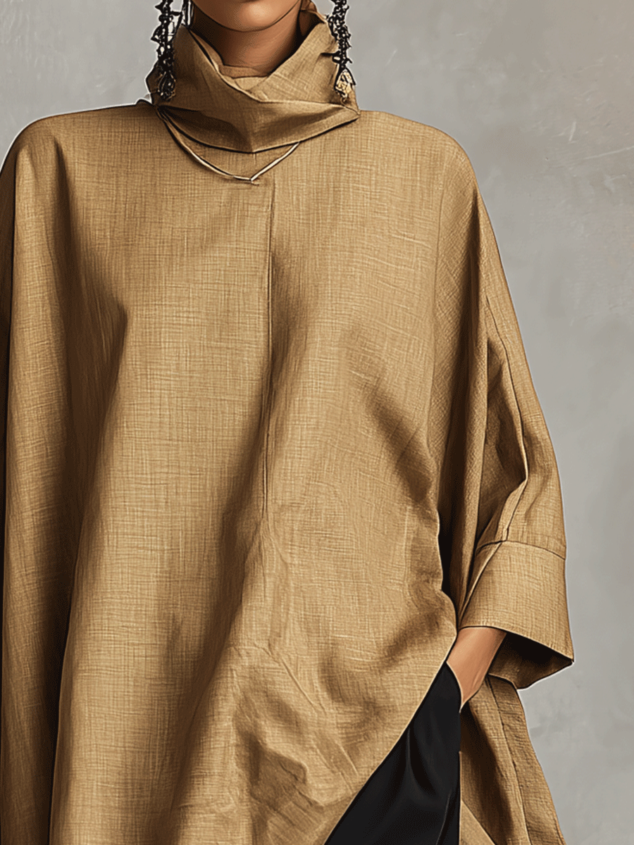 Quiet Luxury Linen Blend Oversized-Fit Camel Cowl Neck Tunic Top