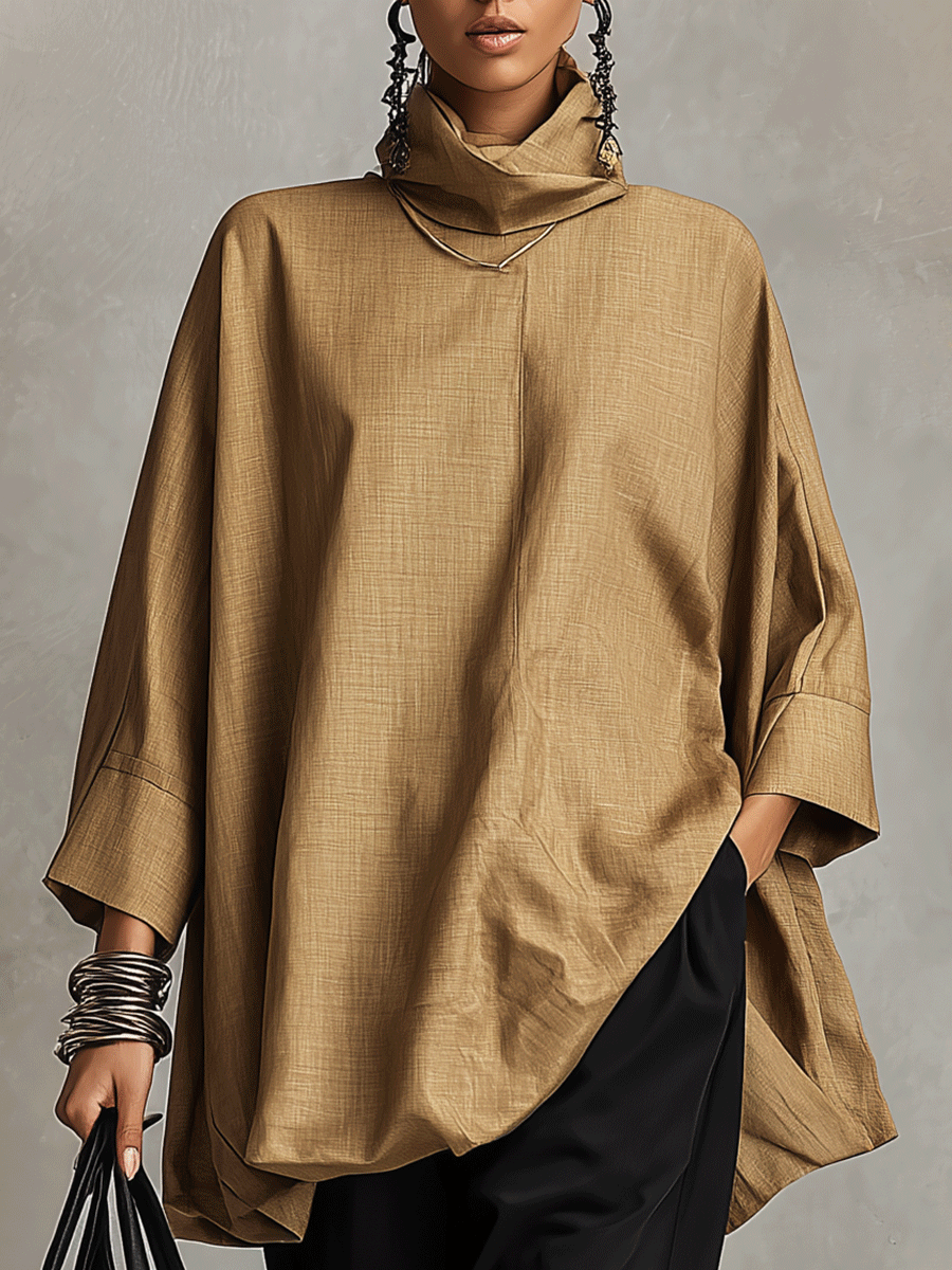 Quiet Luxury Linen Blend Oversized-Fit Camel Cowl Neck Tunic Top