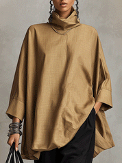 Quiet Luxury Linen Blend Oversized-Fit Camel Cowl Neck Tunic Top