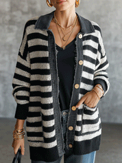 Women's Striped Button-Up Knit Raw-Edge Trim And Pockets Cardigan