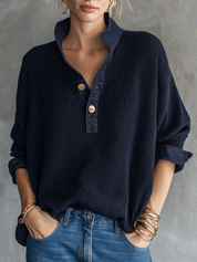 Women's Ribbed Knit Denim Collar Button Down Long Sleeve Top