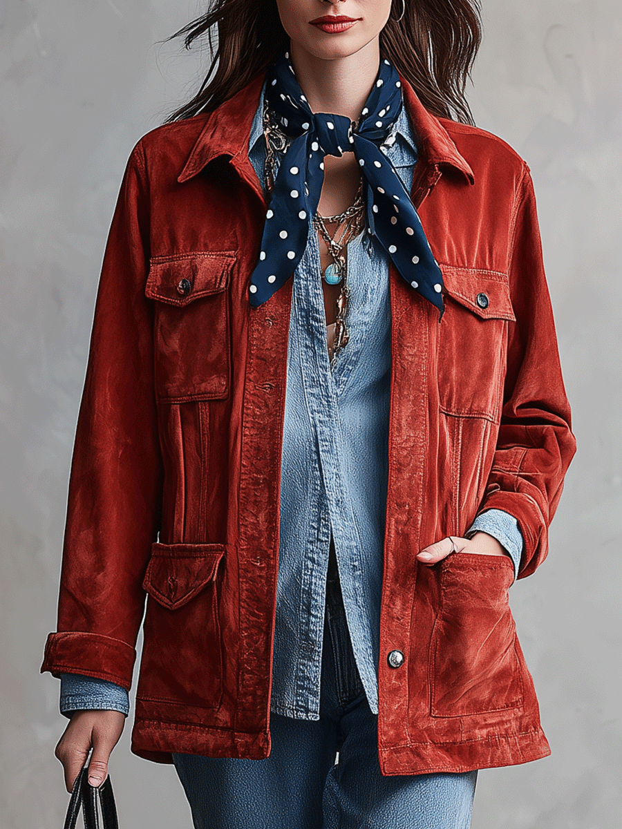 Women's Suede Shirt Button Front And Chest Pockets Jacket