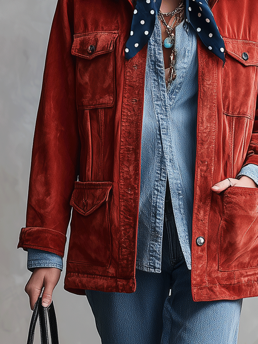 Women's Suede Shirt Button Front And Chest Pockets Jacket