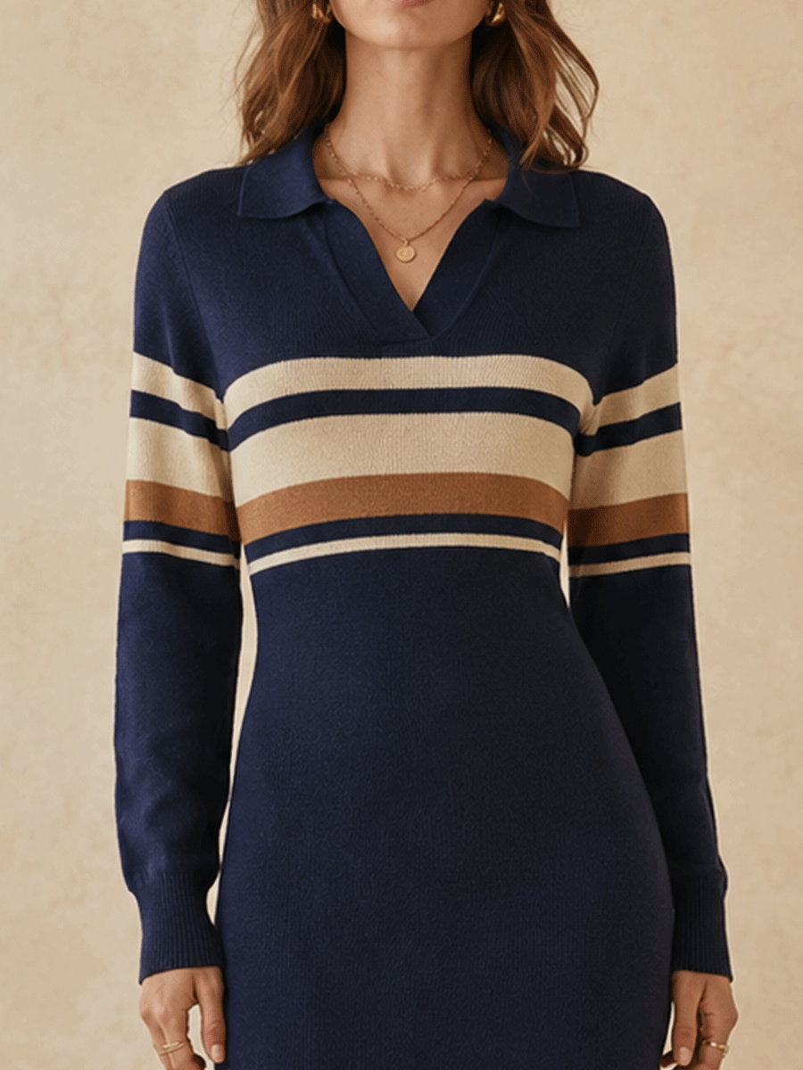 Effortless Cozy Ribbed-Knit Contrast-Stripe V-Neck Navy Blue A-Line Sweater Maxi Dress