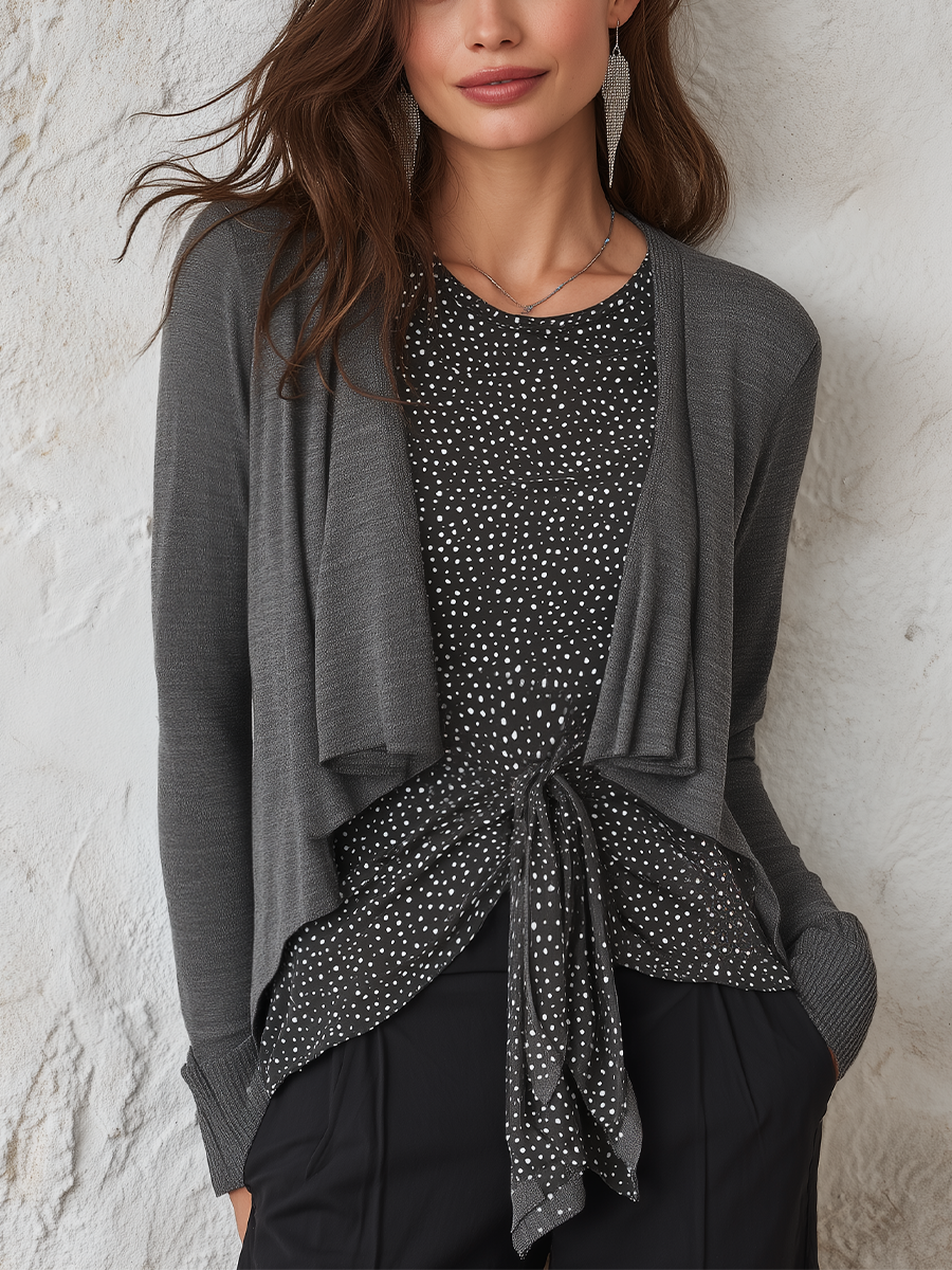 Chic Charcoal Polka Dot Tie Front Blouse