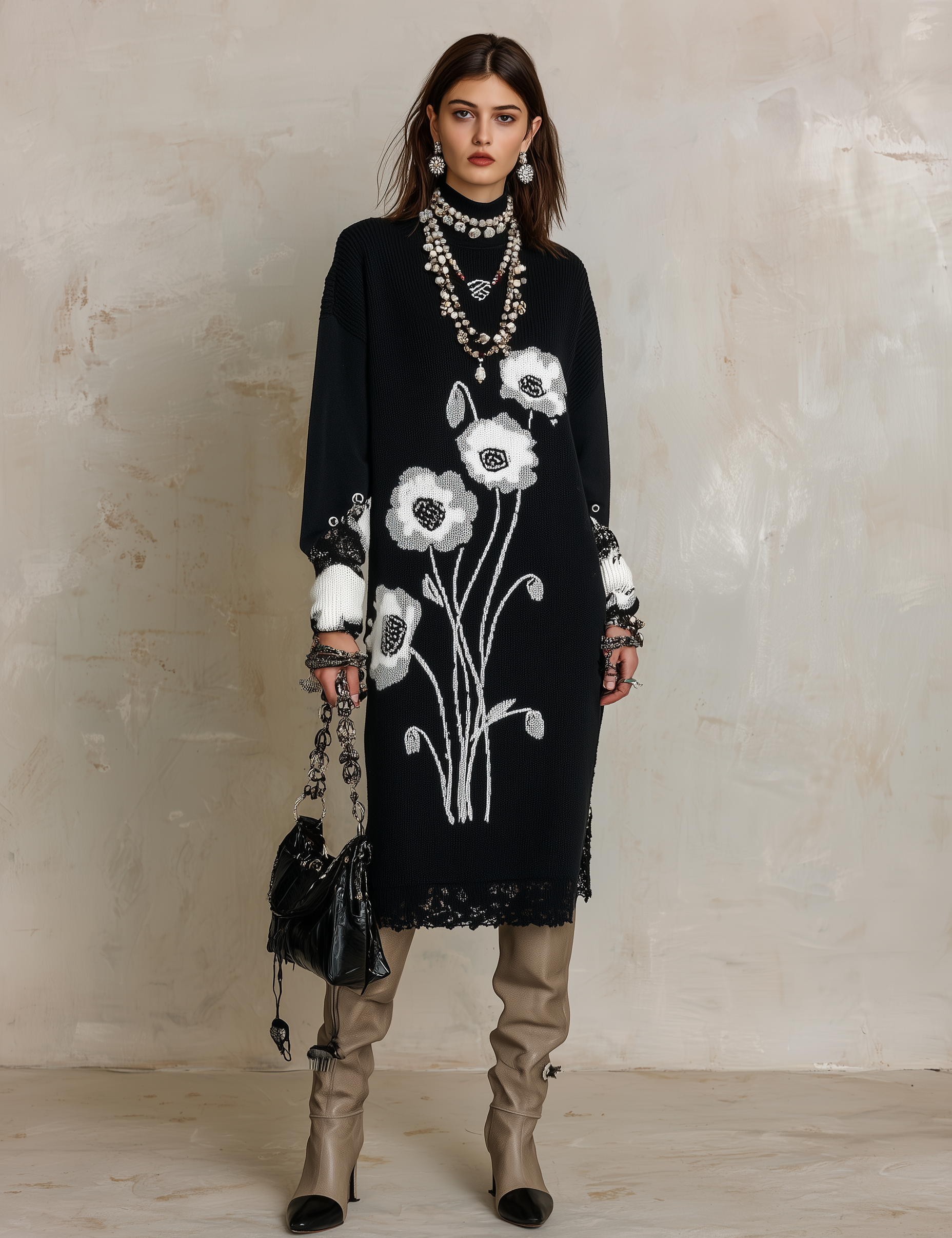 Quiet Luxury Soft Knit Oversized-Fit Black Floral Jacquard Tunic Dress