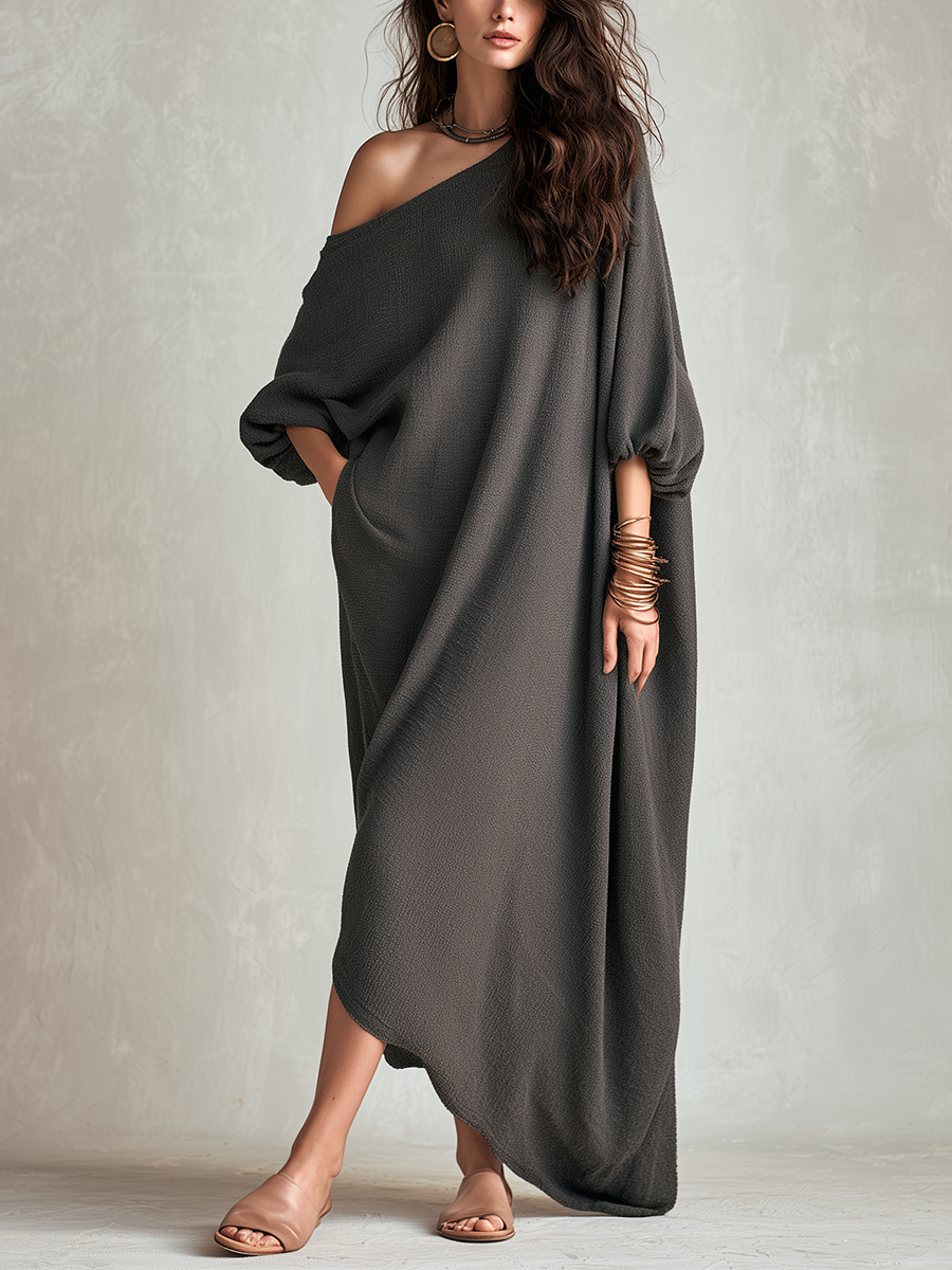 Bohemian Grey Off Shoulder Knit Maxi Dress