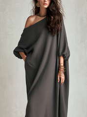 Bohemian Grey Off Shoulder Knit Maxi Dress
