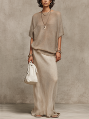 Bohemian Oatmeal Knit Top And Skirt Set