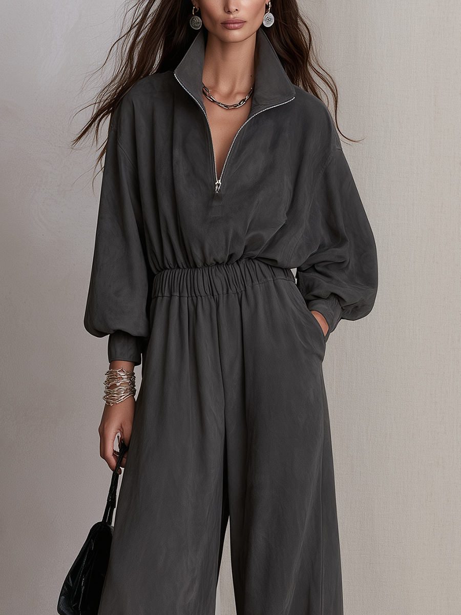 Bohemian Charcoal Gray Zip-up Jumpsuit