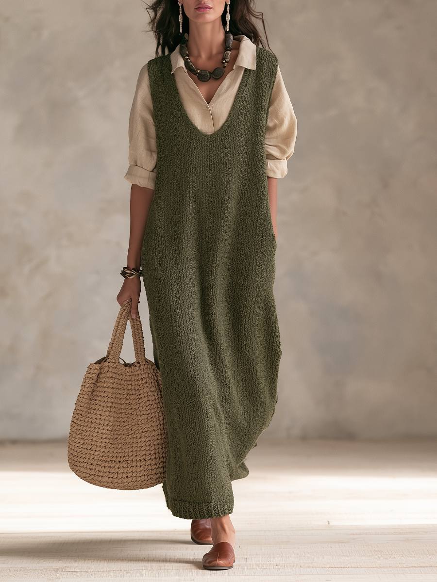Effortlessly Layered Sleeveless Sweater Dress And Linen Shirt Set