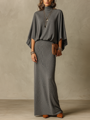 Relaxed Charcoal Batwing Knit Skirt Set
