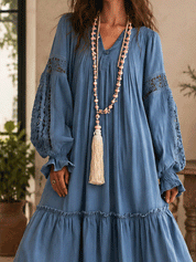 Chic Textured Cotton Split-Neck Tiered Flowy Chambray Blue Maxi Dress