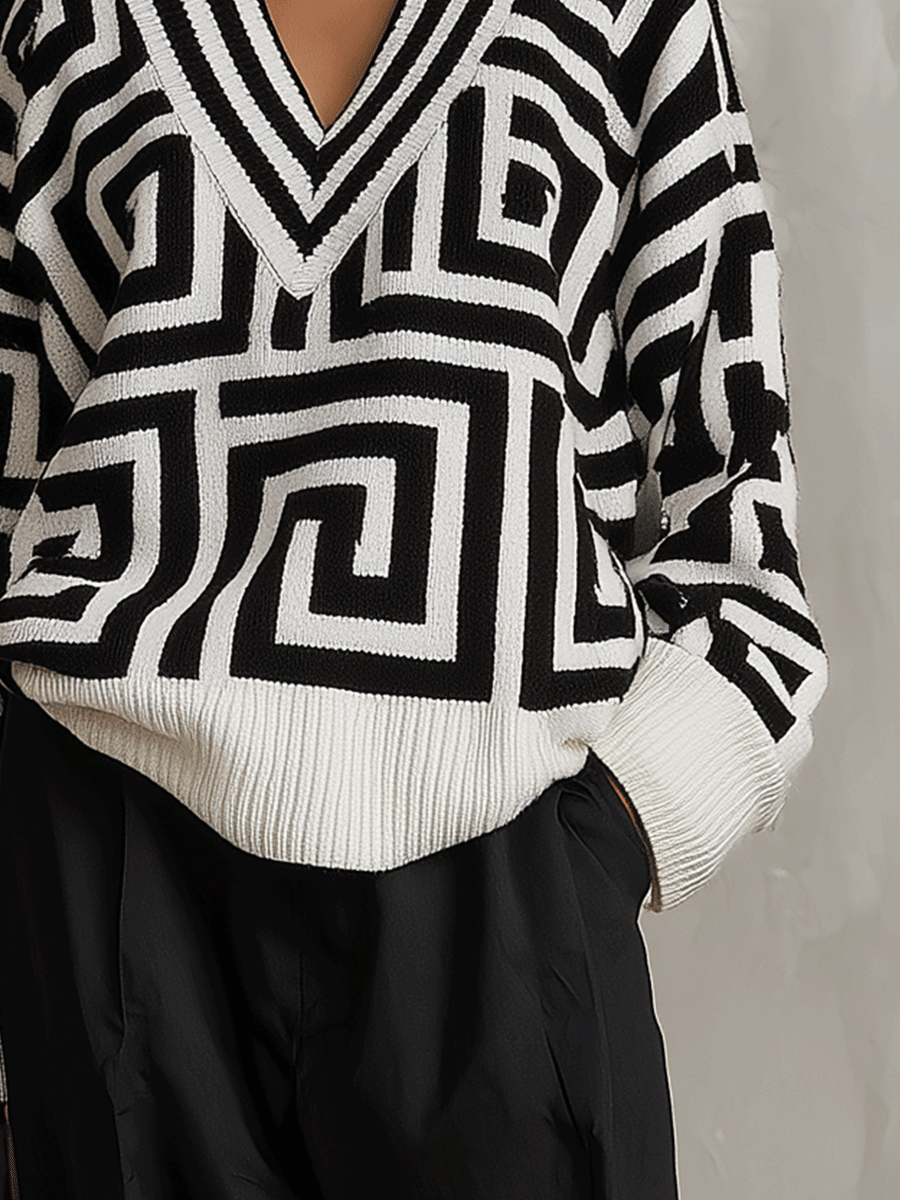 Oversized Geometric Jacquard V-Neck Sweater