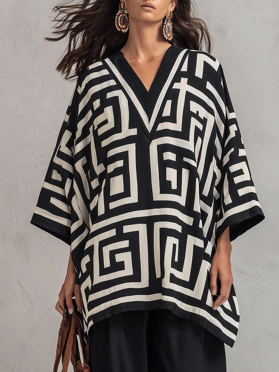 Artisan Cotton Blend Oversized-Fit Monochrome Pattern Poncho Blouse And Pant Set