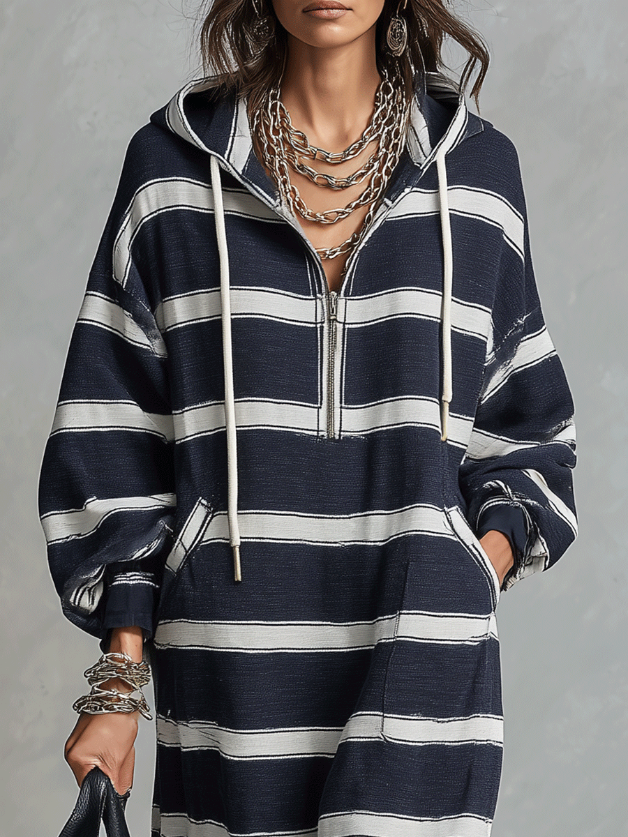 Striped Hooded Half-Zip Maxi Sweatshirt Dress