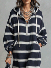 Striped Hooded Half-Zip Maxi Sweatshirt Dress