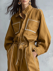 Effortless Cotton Canvas Oversized-Fit Caramel Cargo Jumpsuit