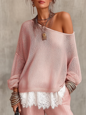 Soft Pink Knitted Sweater With Lace Hem