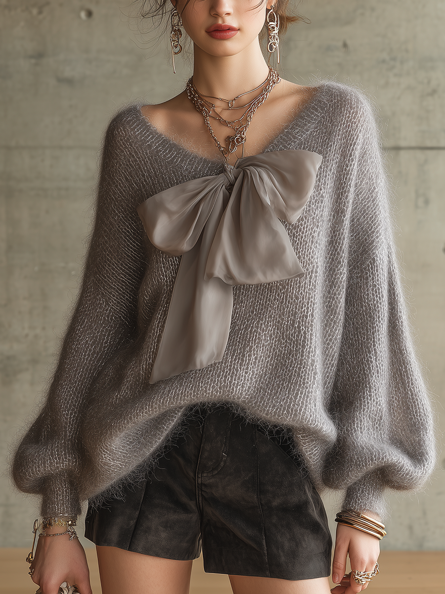 Soft Grey Mohair Knit Bow Tie Sweater