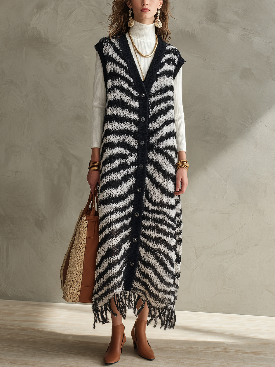 Vintage Black White Striped Knit Vest