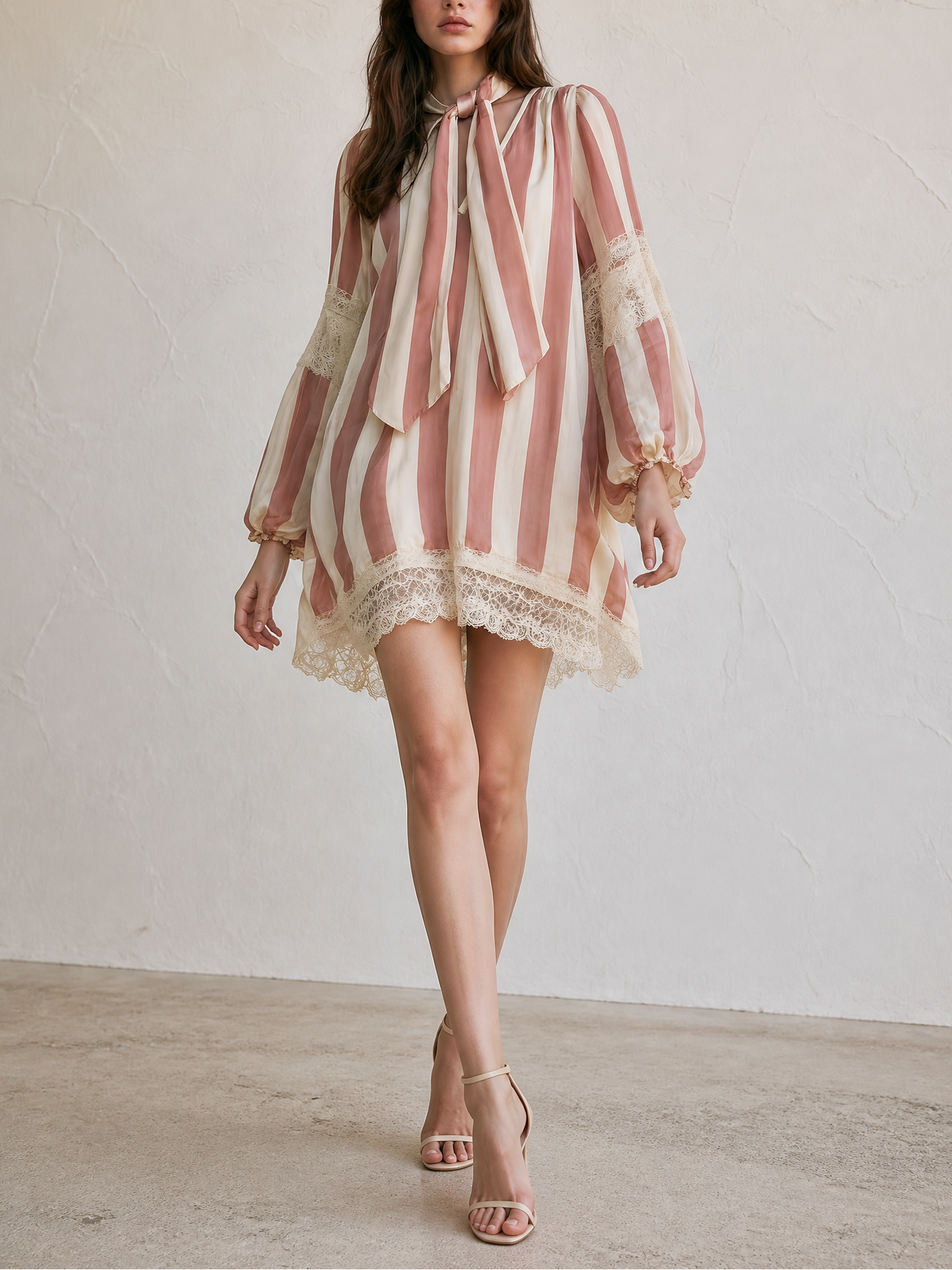 Striped Bow-Tie Neck Lace Trim Lantern Sleeve Mini Dress