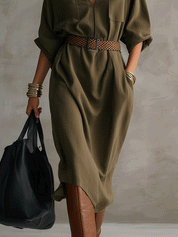 Effortless Chic Textured Cotton Roll-Sleeve Utility Belted Khaki Green Midi Dress