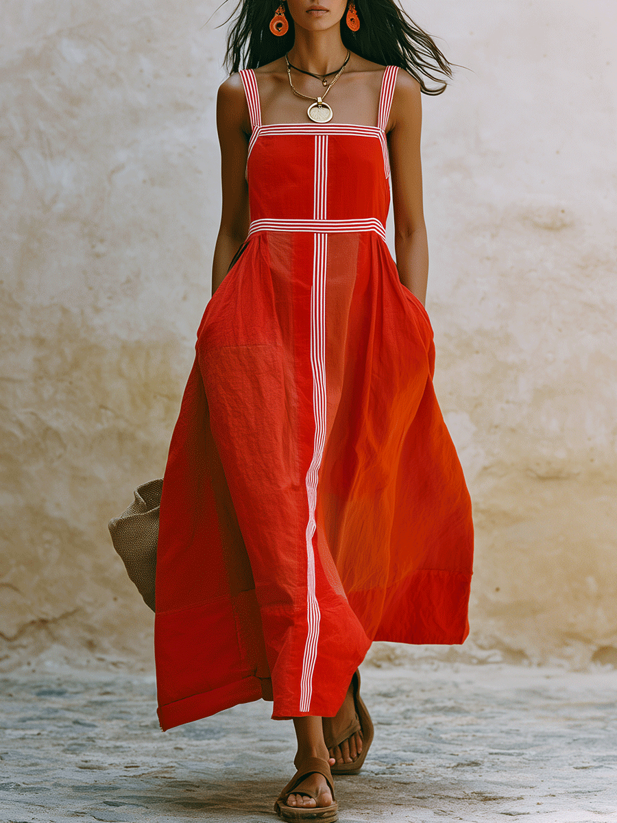 Effortless Resort Linen Contrast-Stripe Wide-Strap Tomato Red A-Line Maxi Dress