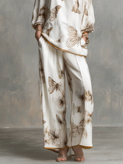 Quiet Luxury Silky Butterfly-Print Drop-Shoulder Tunic & Palazzo Cream Co-Ord Set