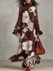 Floral Print High Neck Long Sleeve Chiffon Maxi Dress