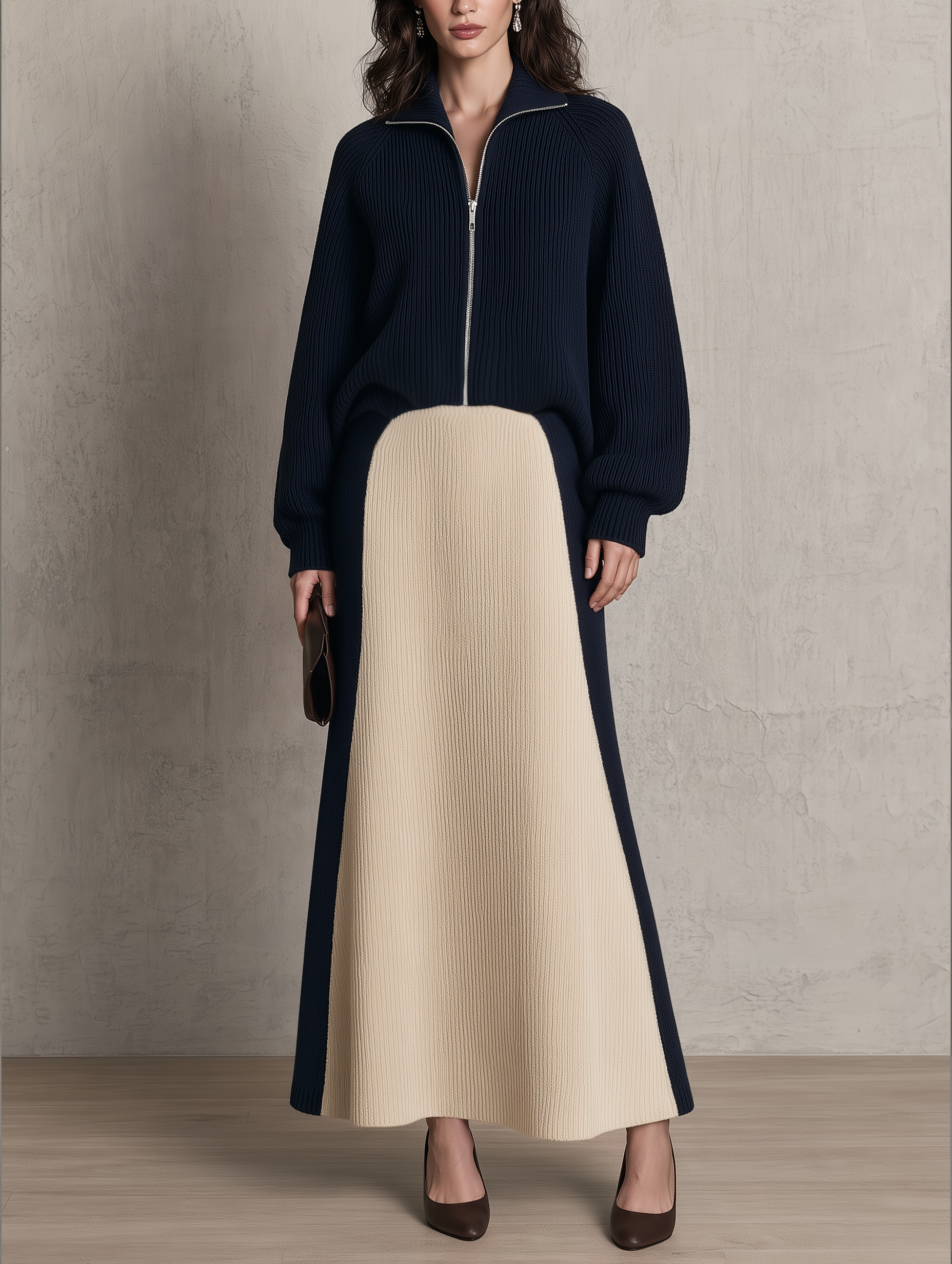 Women's Zip-Up Ribbed Knit Sweater and Color Block Maxi Skirt Two-Piece Set