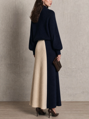 Women's Zip-Up Ribbed Knit Sweater and Color Block Maxi Skirt Two-Piece Set