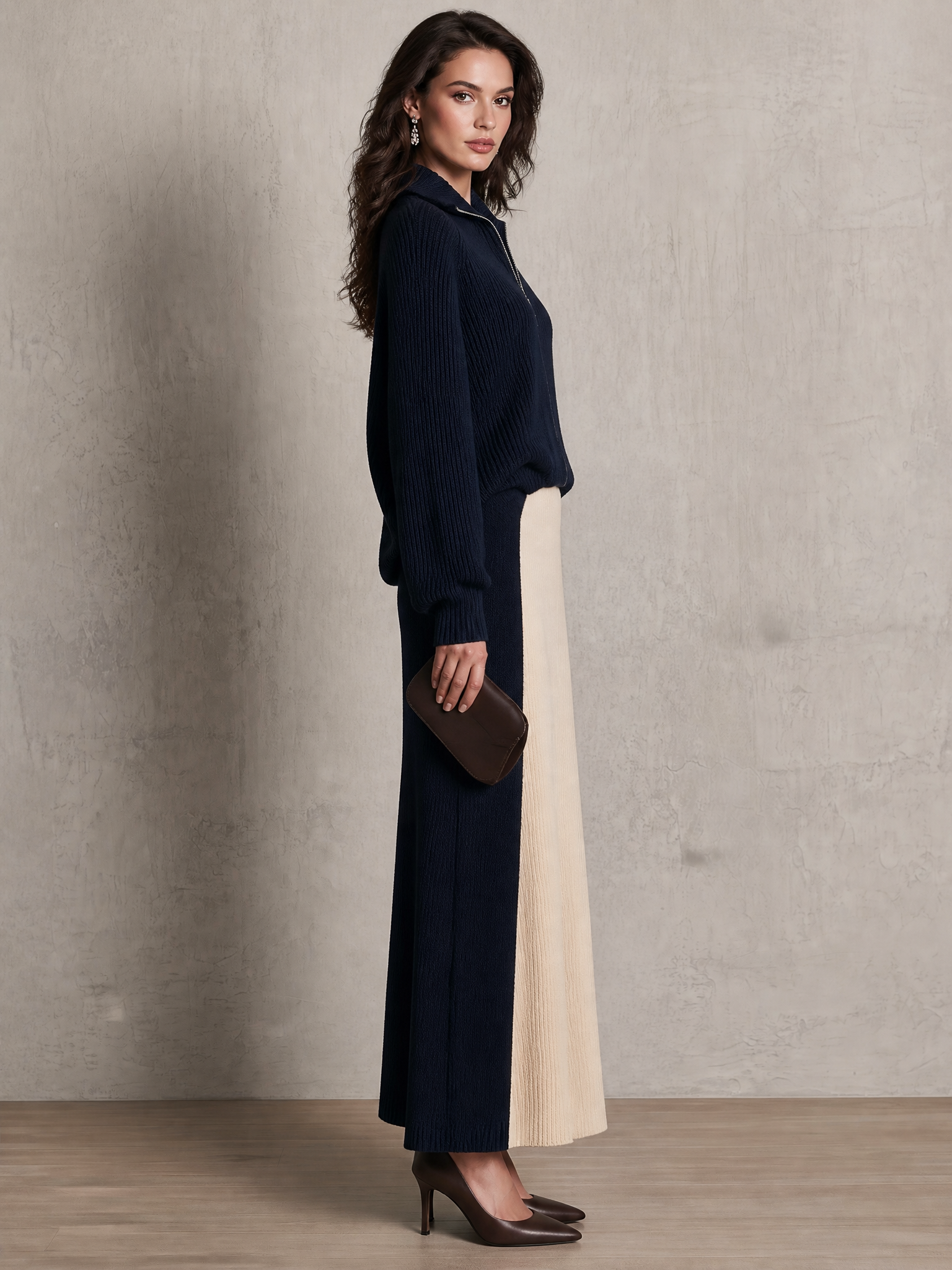 Women's Zip-Up Ribbed Knit Sweater and Color Block Maxi Skirt Two-Piece Set