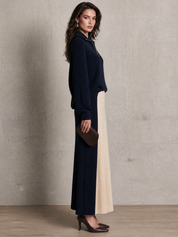 Women's Zip-Up Ribbed Knit Sweater and Color Block Maxi Skirt Two-Piece Set