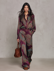Paisley Print Satin Long Sleeve Shirt & Wide Leg Pants Set