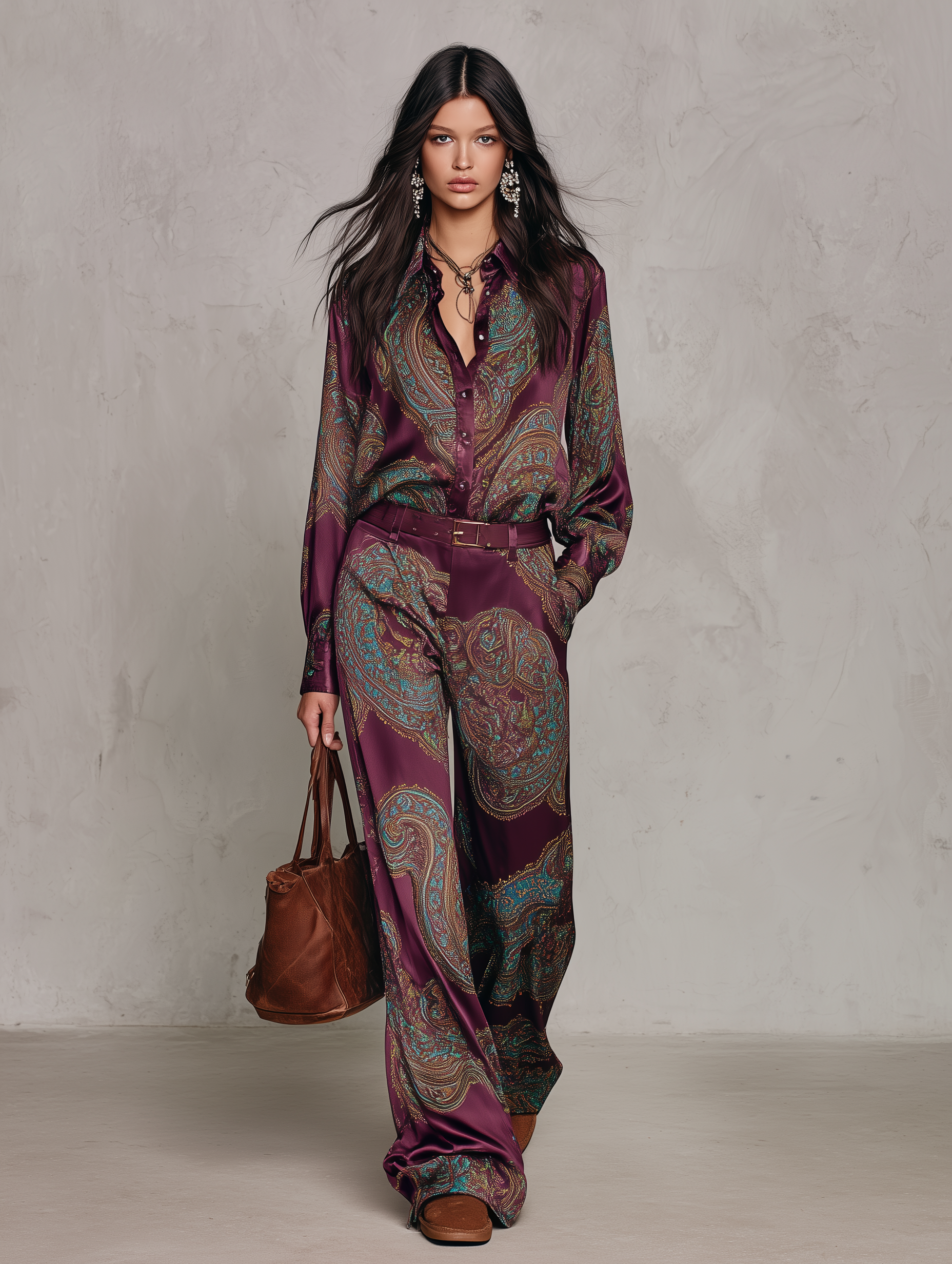 Paisley Print Satin Long Sleeve Shirt & Wide Leg Pants Set