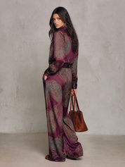 Paisley Print Satin Long Sleeve Shirt & Wide Leg Pants Set