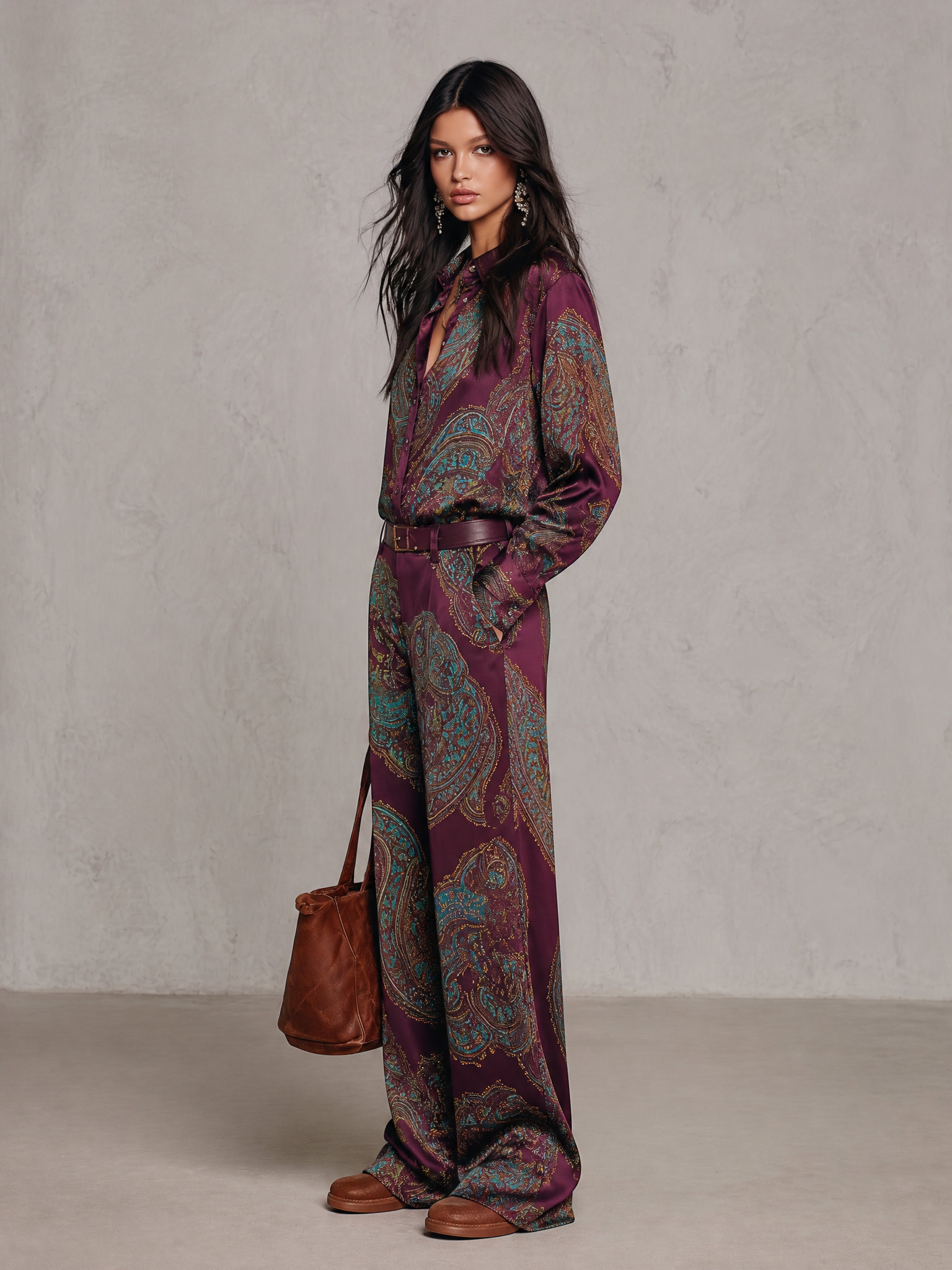 Paisley Print Satin Long Sleeve Shirt & Wide Leg Pants Set