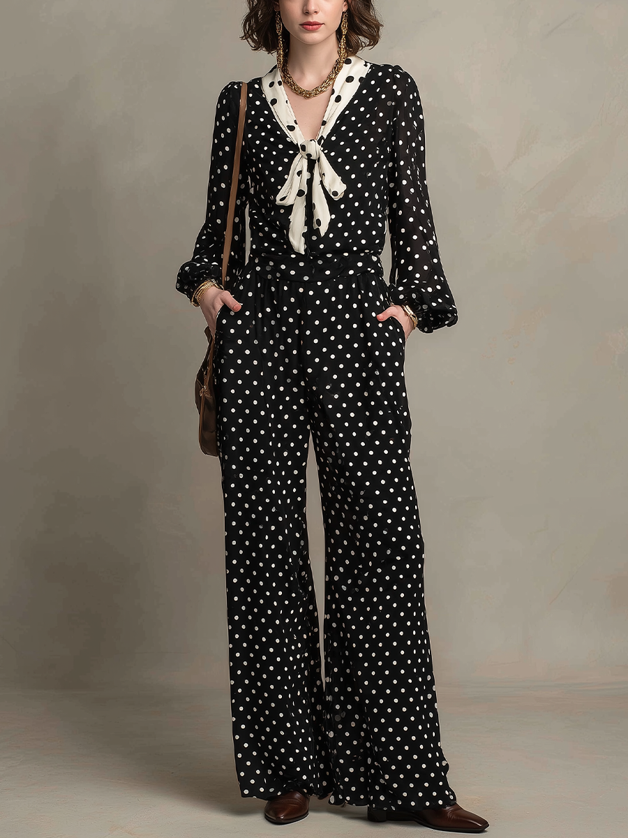 Vintage Black Polka Dot Tie Neck Wide Leg Jumpsuit