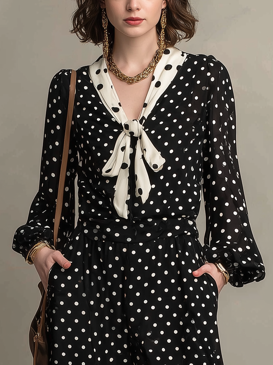 Vintage Black Polka Dot Tie Neck Wide Leg Jumpsuit
