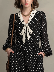 Vintage Black Polka Dot Tie Neck Wide Leg Jumpsuit