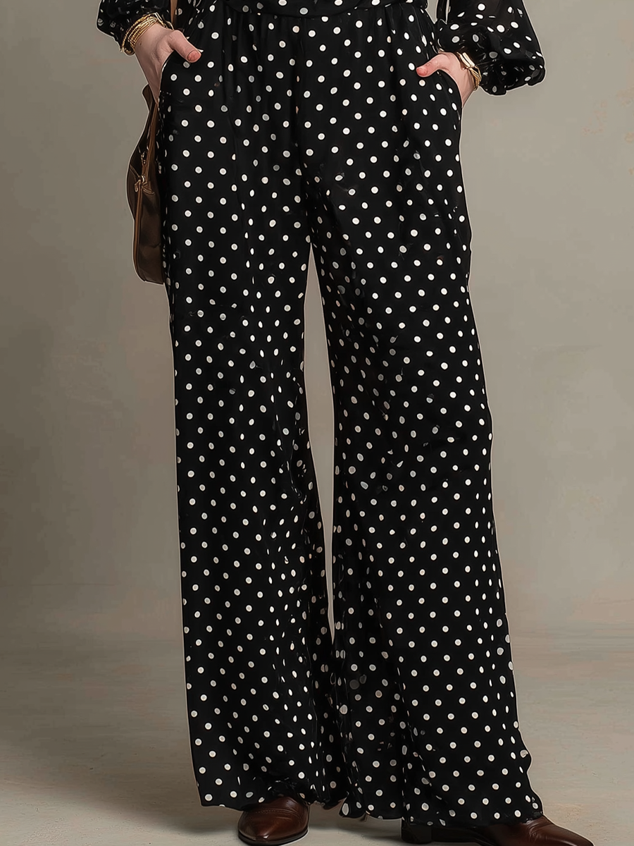 Vintage Black Polka Dot Tie Neck Wide Leg Jumpsuit