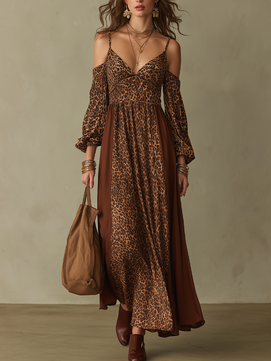Bohemian Brown Leopard Print Off Shoulder Maxi Dress