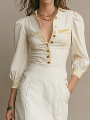 Minimal Ivory Striped Button Front Midi Dress