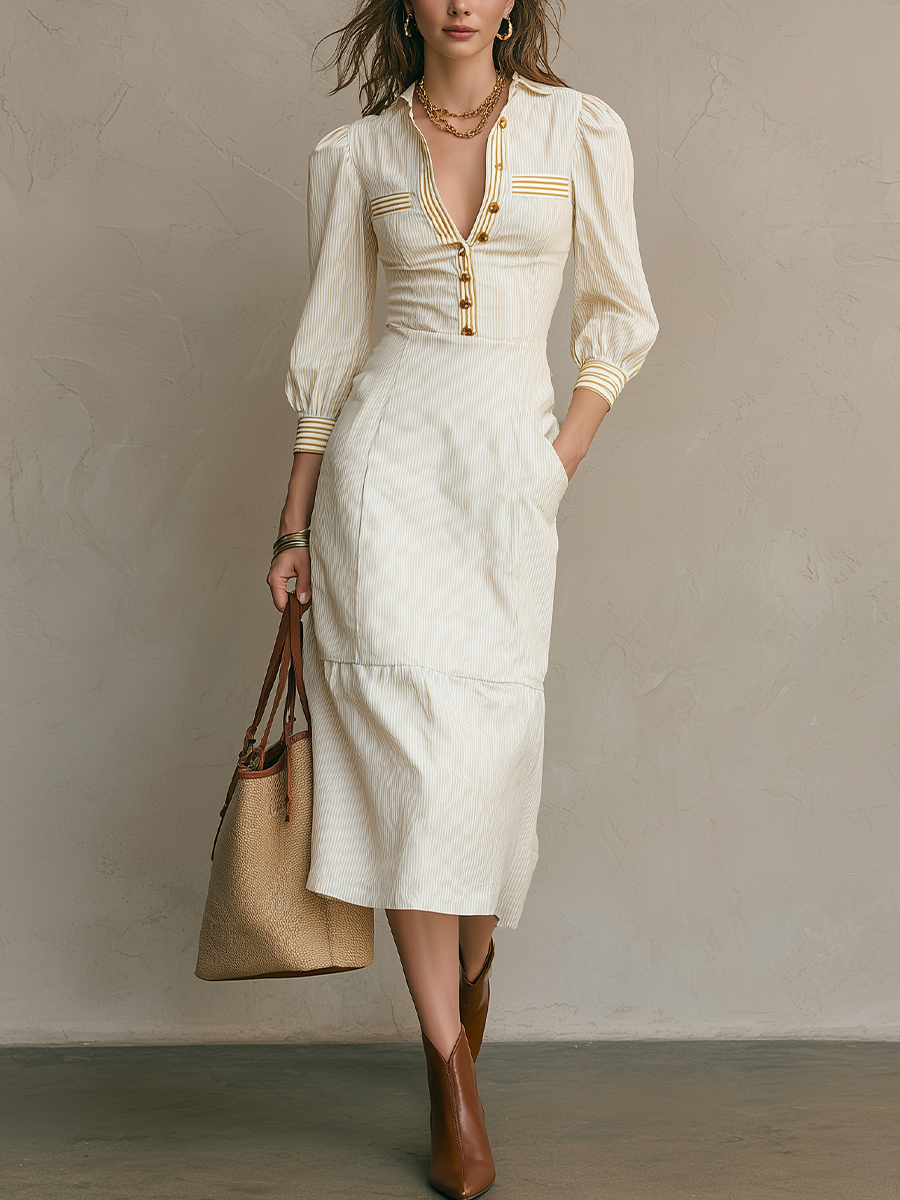 Minimal Ivory Striped Button Front Midi Dress