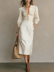 Minimal Ivory Striped Button Front Midi Dress