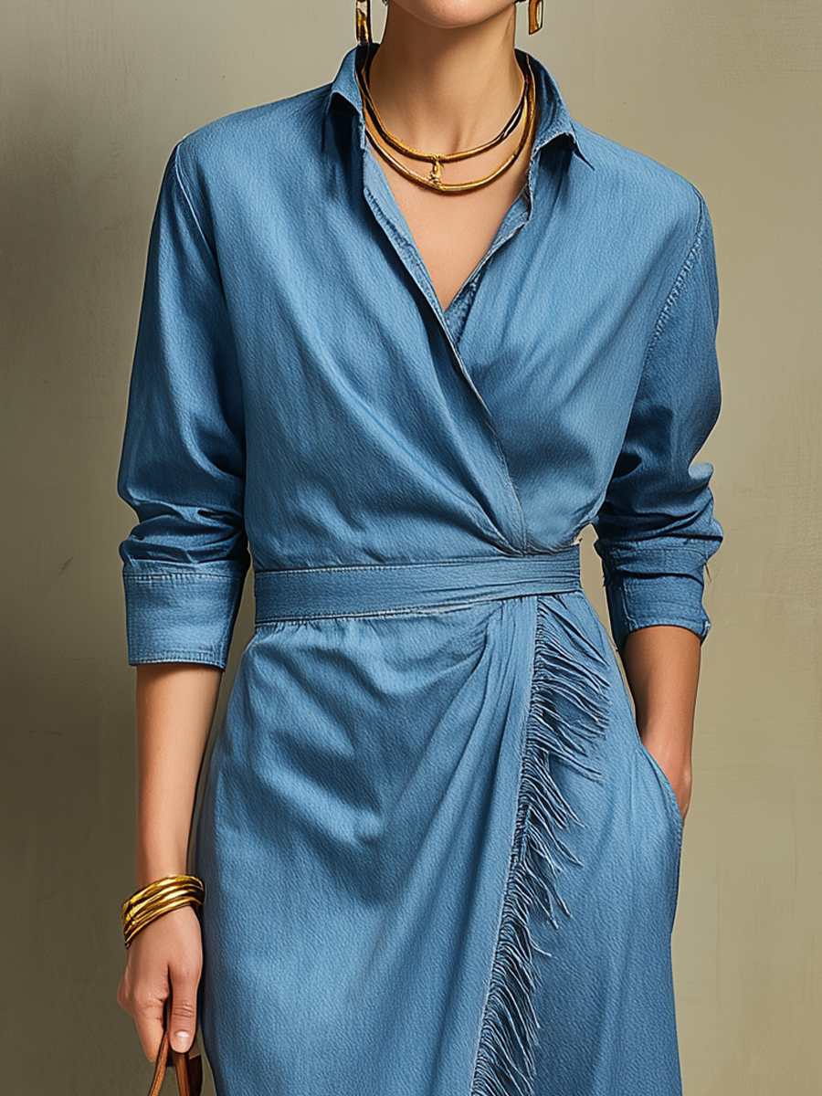 Casual Blue Fringe Detail Denim Wrap Dress