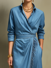 Casual Blue Fringe Detail Denim Wrap Dress