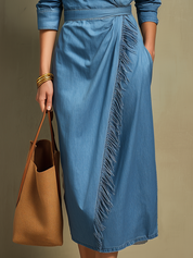 Casual Blue Fringe Detail Denim Wrap Dress